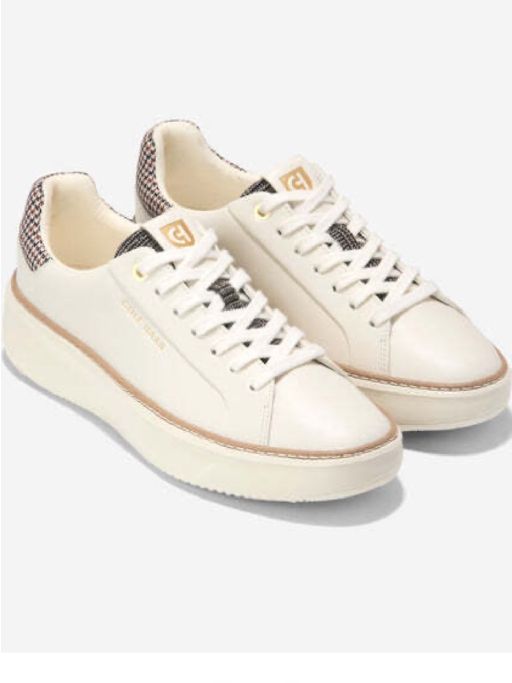 Cole Haan Grand Pro Topspin Ivory Leather Sneakers with Mini plaidTrim